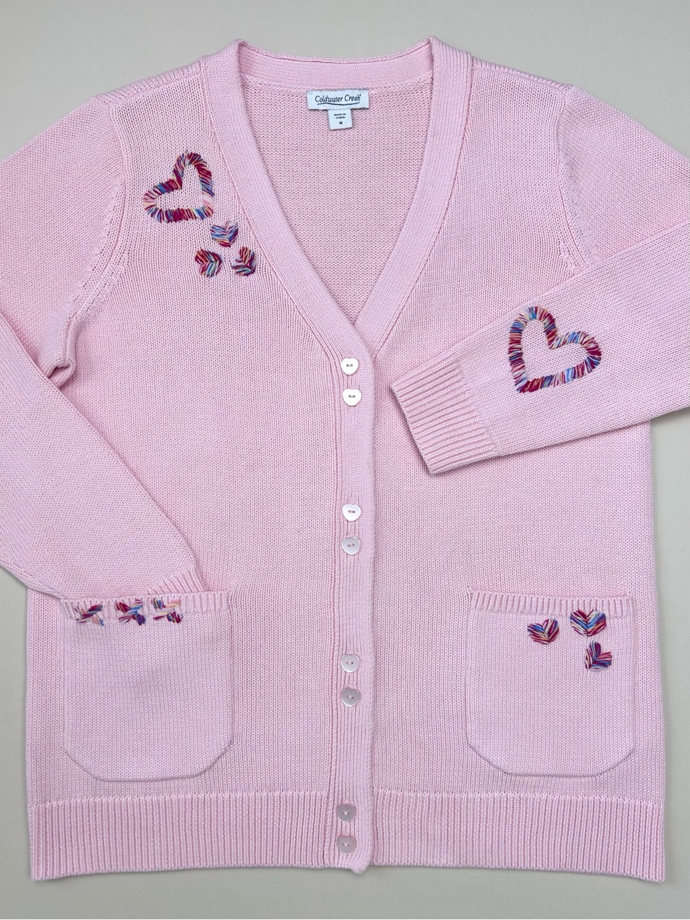 Coldwater Creek Pink Embroidered Heart Love V-Neck Cotton Knit Cardigan MEDIUM
